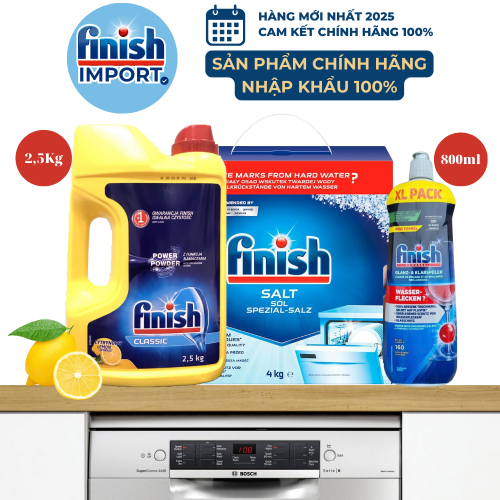 Combo siêu lợi: Bột rửa chén Finish Classic 2,5kg (250 lần dùng) + 4kg muối Finish Đức (2 gói) + 800ml nước làm bóng Finish